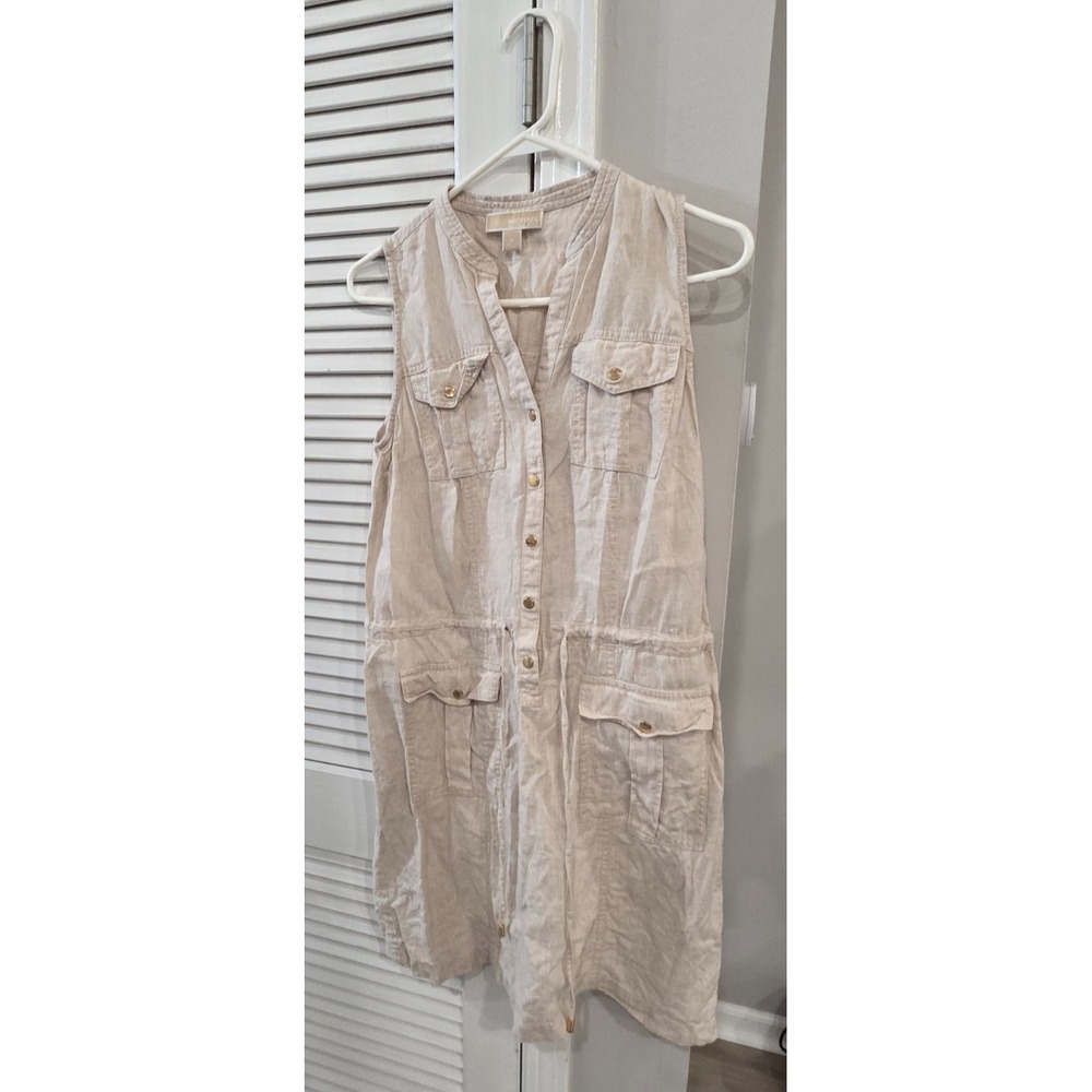 Michael Kors Womens Beige Sleeveless Linen Utility Shirt Dress Size Medium